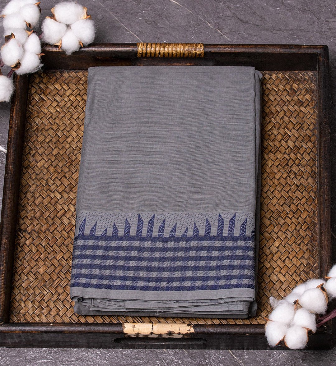 Adorn Yourself with the Grey and Blue Thread Border Plain Chettinad Cotton Saree. - swadeshsouq.com