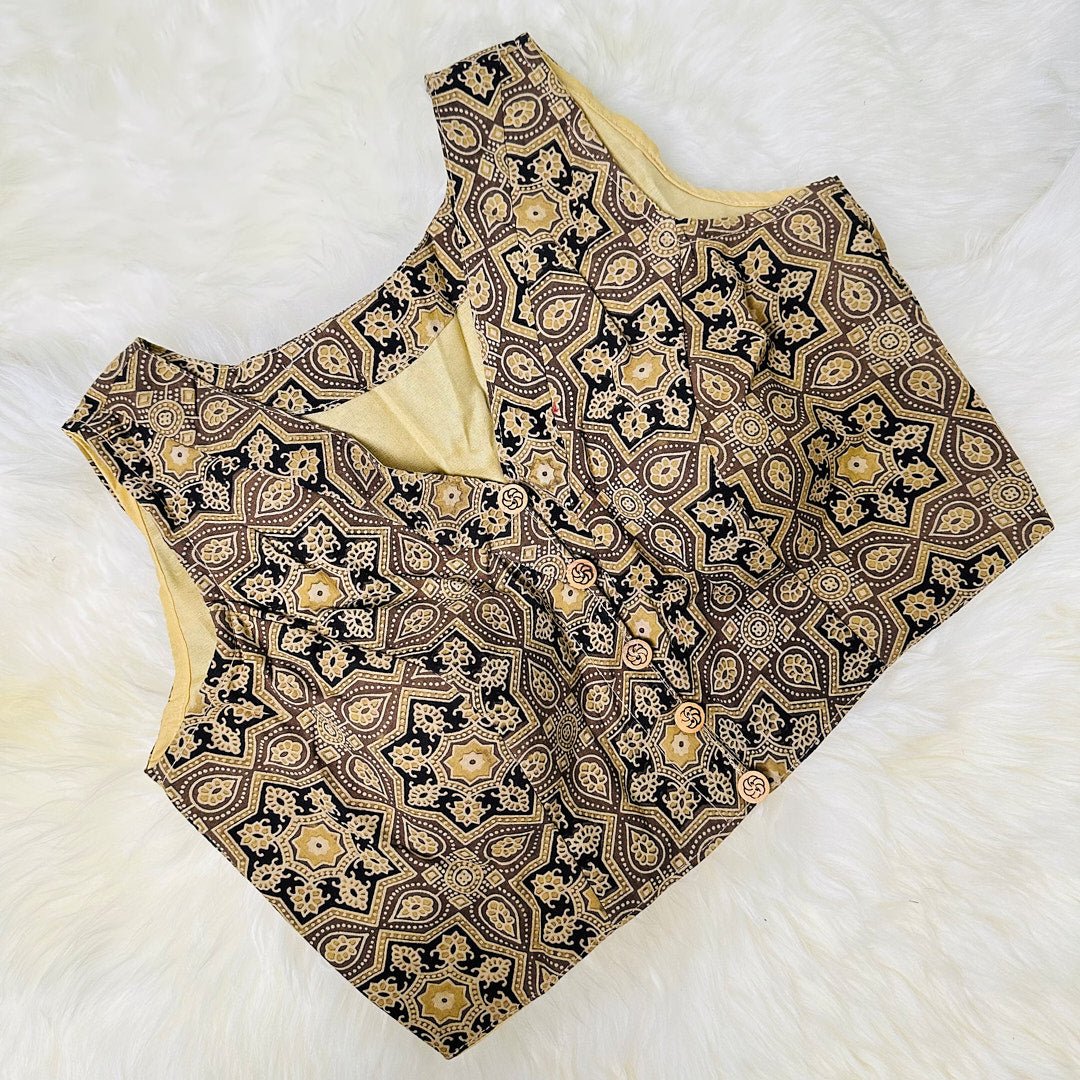 Ajrak Elegance: Intricately Designed Light Brown Cotton Blouse. - swadeshsouq.com