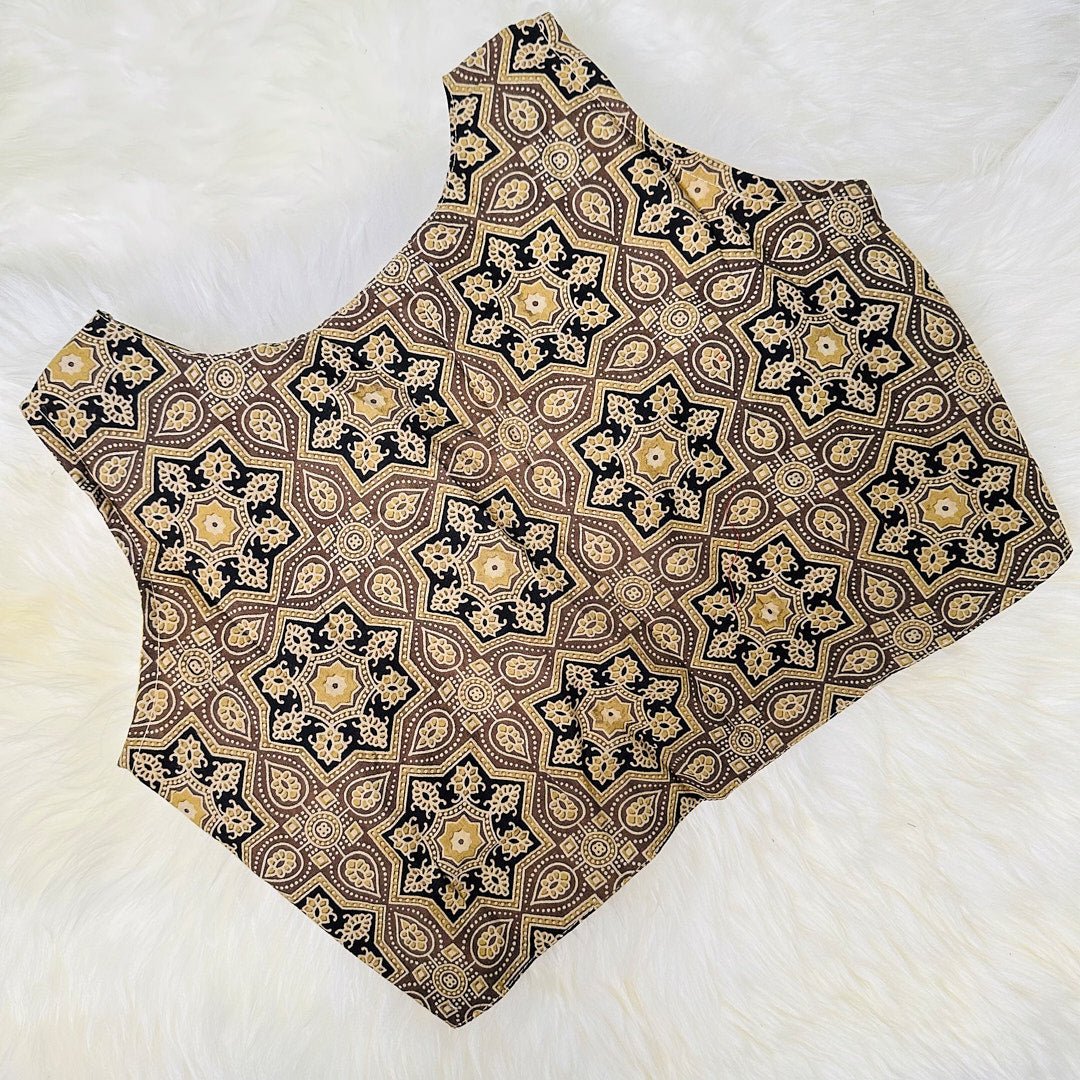 Ajrak Elegance: Intricately Designed Light Brown Cotton Blouse. - swadeshsouq.com