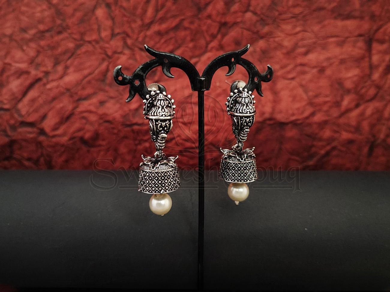 Antique Design Jhumkas with Pearl and Elephant Embellishments. - swadeshsouq.com