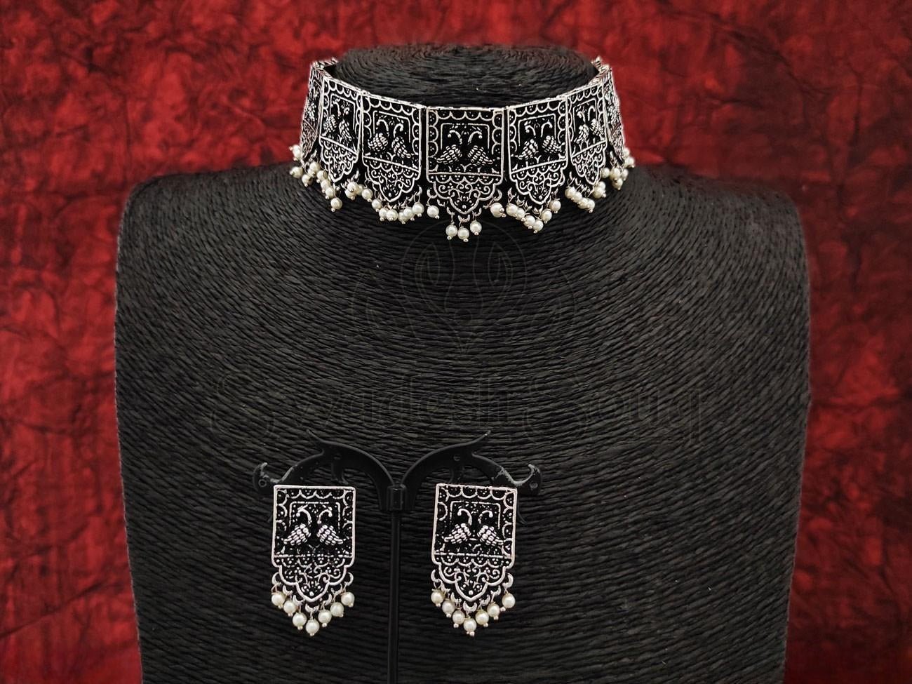 Antique Design Oxidised Silver Choker Set with Pearl Detail and Matching Earrings. - swadeshsouq.com