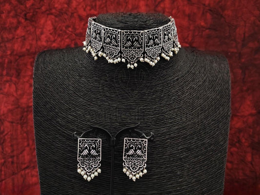 Antique Design Oxidised Silver Choker Set with Pearl Detail and Matching Earrings. - swadeshsouq.com