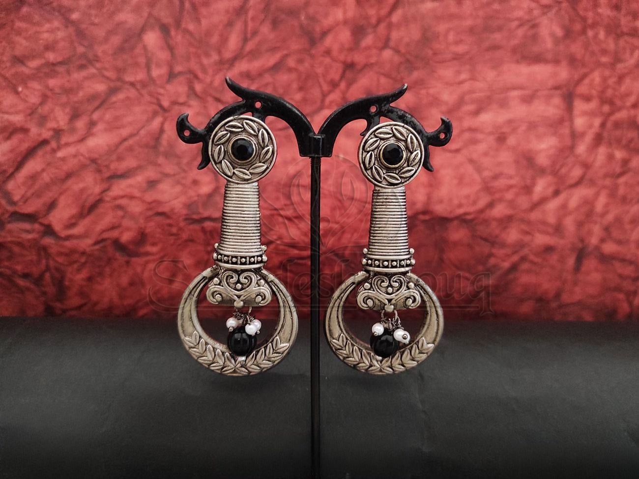 Antique Design Oxidised Silver Earrings with Black Stone Embellishments. - swadeshsouq.com