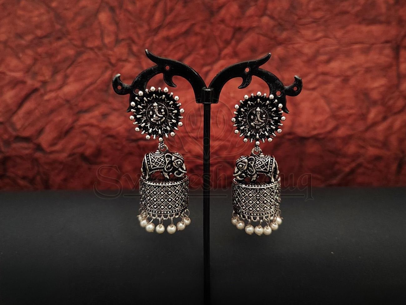 Antique Design Oxidised Silver Earrings with Elephant Motif. - swadeshsouq.com