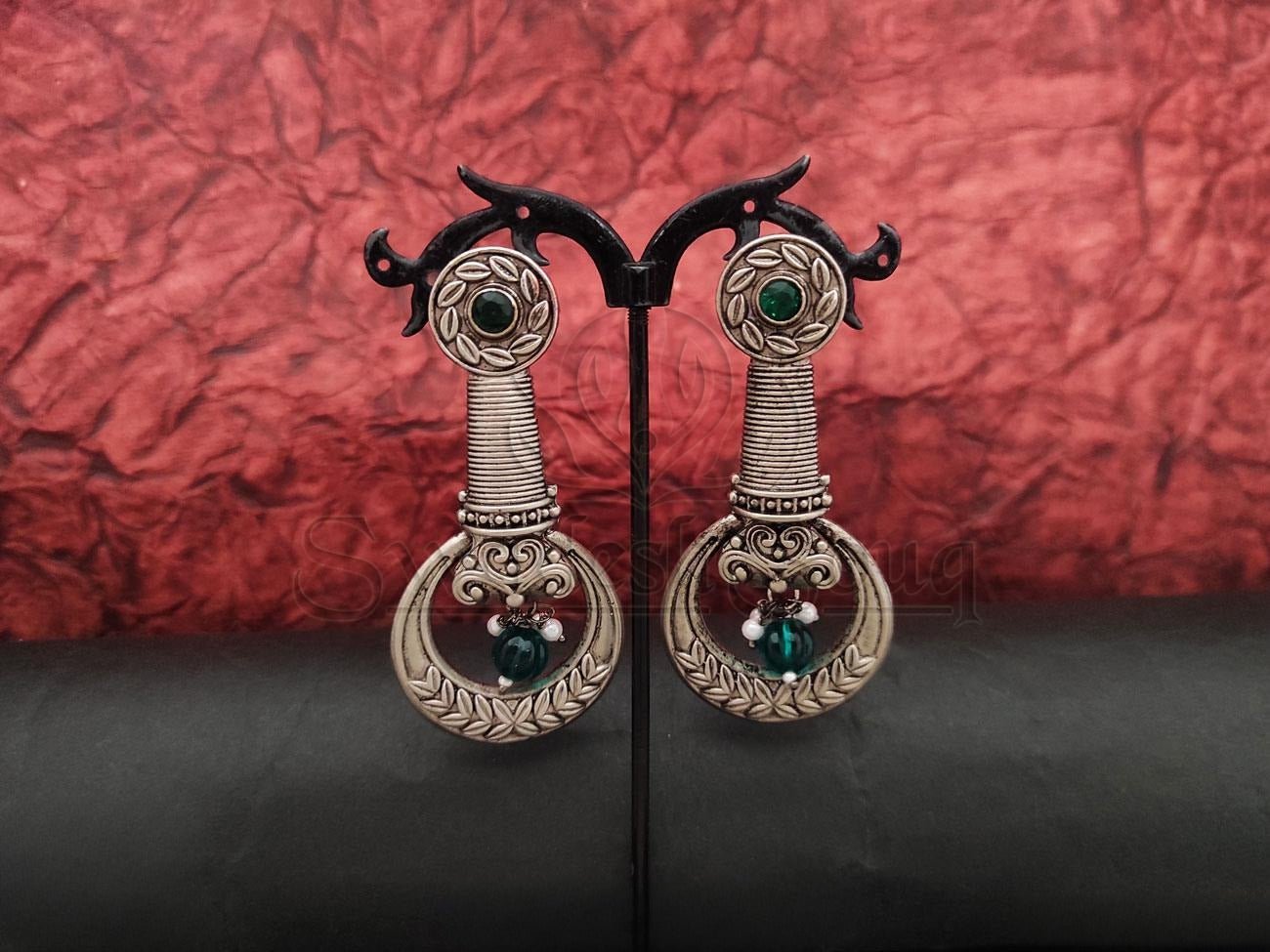 Antique Design Oxidised Silver Earrings with Green Stone Embellishments. - swadeshsouq.com