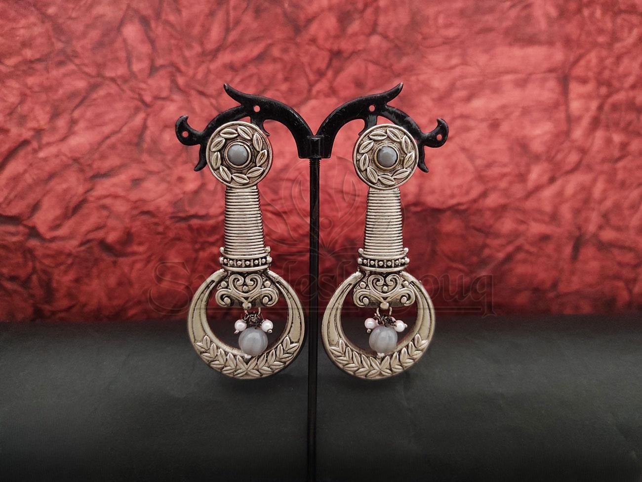 Antique Design Oxidised Silver Earrings with Grey Stone Embellishments. - swadeshsouq.com