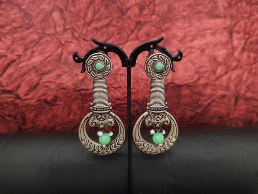 Antique Design Oxidised Silver Earrings with Mint Green Stone Embellishments. - swadeshsouq.com