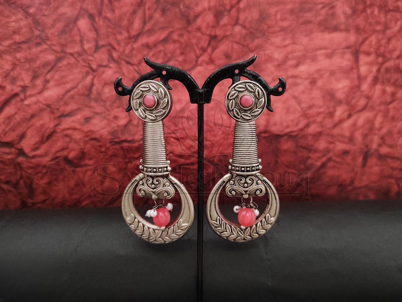 Antique Design Oxidised Silver Earrings with Peach Stone Embellishments. - swadeshsouq.com