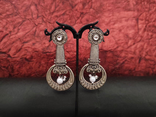 Antique Design Oxidised Silver Earrings with White Stone and Pearl Embellishments. - swadeshsouq.com