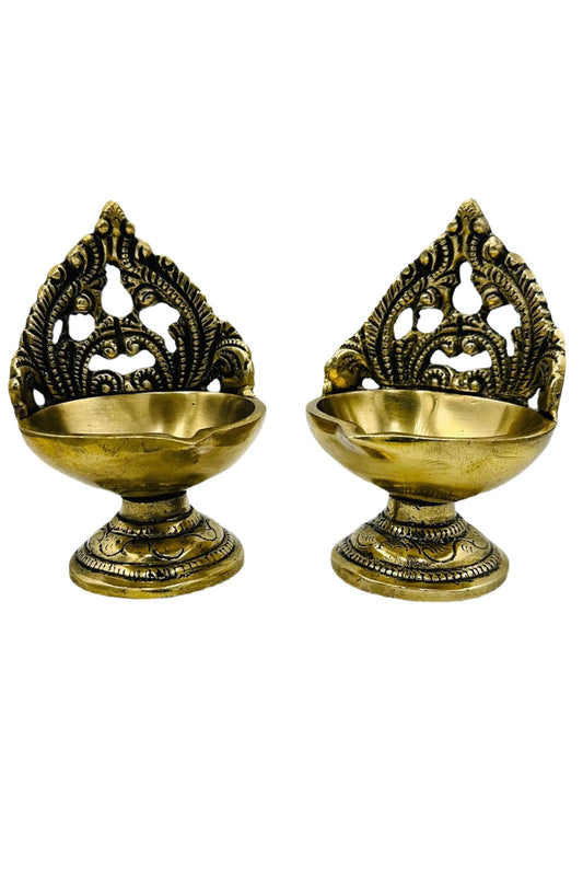 Antique-Finish Pure Brass Diya Set with Artistic Design (set of 2) - swadeshsouq.com