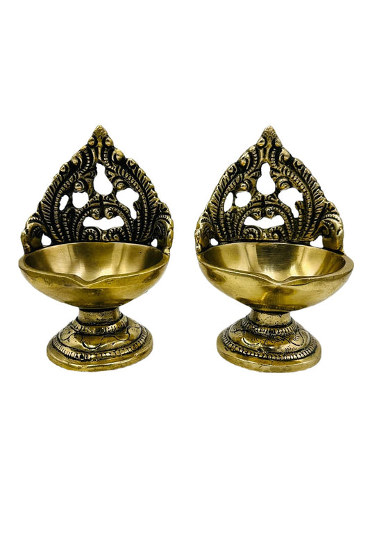 Antique-Finish Pure Brass Diya Set with Artistic Design (set of 2) - swadeshsouq.com