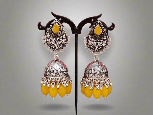 Antique Opulence: Oxidised Silver Jhumkas with Embossed Victoria Beads and Stones. - swadeshsouq.com