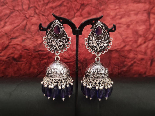 Antique Opulence: Oxidised Silver Jhumkas with Embossed Victoria Beads and Stones. - swadeshsouq.com