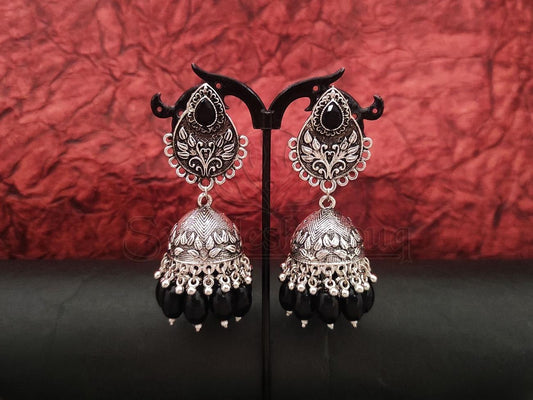 Antique Opulence: Oxidised Silver Jhumkas with Embossed Victoria Beads and Stones. - swadeshsouq.com