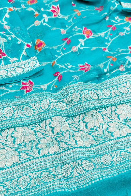 Aqua Harmony: Sea Green Banarasi Pure Georgette Dupatta - swadeshsouq.com