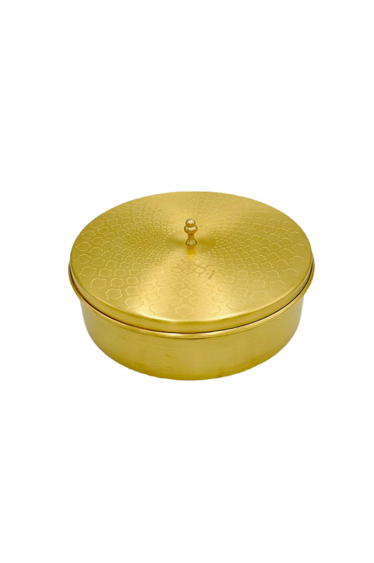 Artisanal Brass Spice Box with Ornate Lid Design - swadeshsouq.com