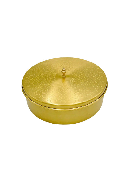 Artisanal Brass Spice Box with Ornate Lid Design - swadeshsouq.com