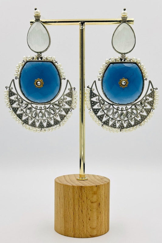 Azure Allure: Blue Crystal Crescent Earrings - swadeshsouq.com