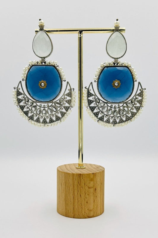 Azure Allure: Blue Crystal Crescent Earrings - swadeshsouq.com