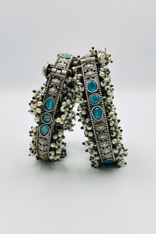 Azure Bloom: Blue Stone and Pearl Silver Bangles - swadeshsouq.com