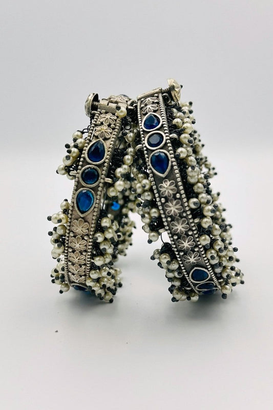 Azure Elegance: Blue Stone Silver Bangles with Pearls - swadeshsouq.com