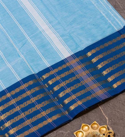 "Azure Elegance" - Chettinad Saree in Blue Color with Long Dark Blue and Golden Zari Border. - swadeshsouq.com