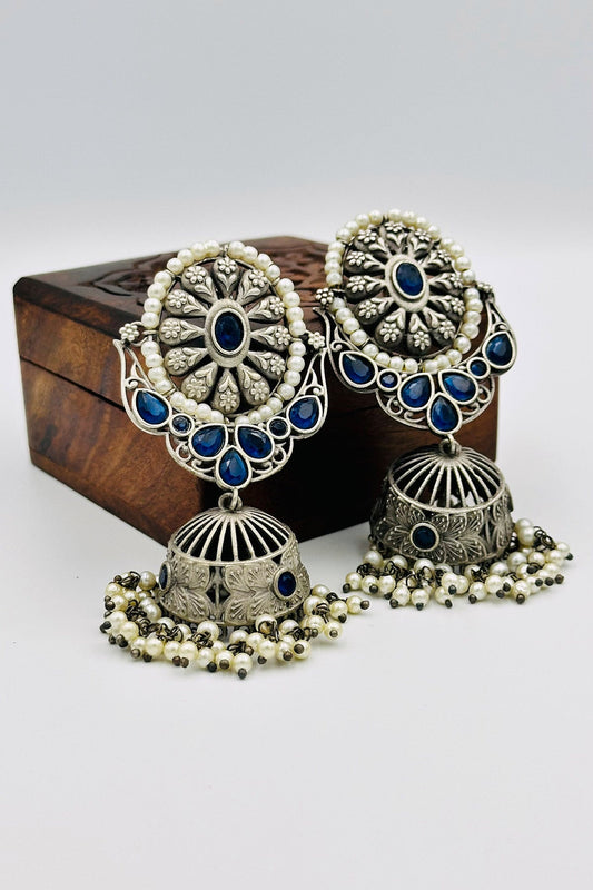 Azure Elegance Silver Jhumkas - swadeshsouq.com