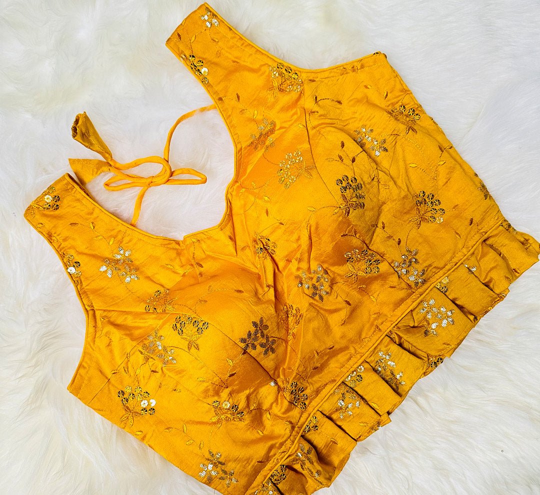 Bask in the Radiant Glow of Raw Silk Yellow Frilled Blouse Adorned with Foil Sisha Work - swadeshsouq.com