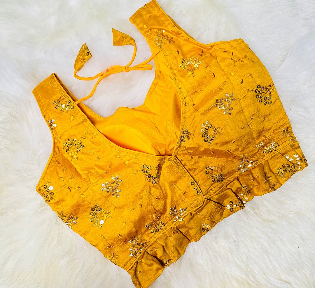 Bask in the Radiant Glow of Raw Silk Yellow Frilled Blouse Adorned with Foil Sisha Work - swadeshsouq.com