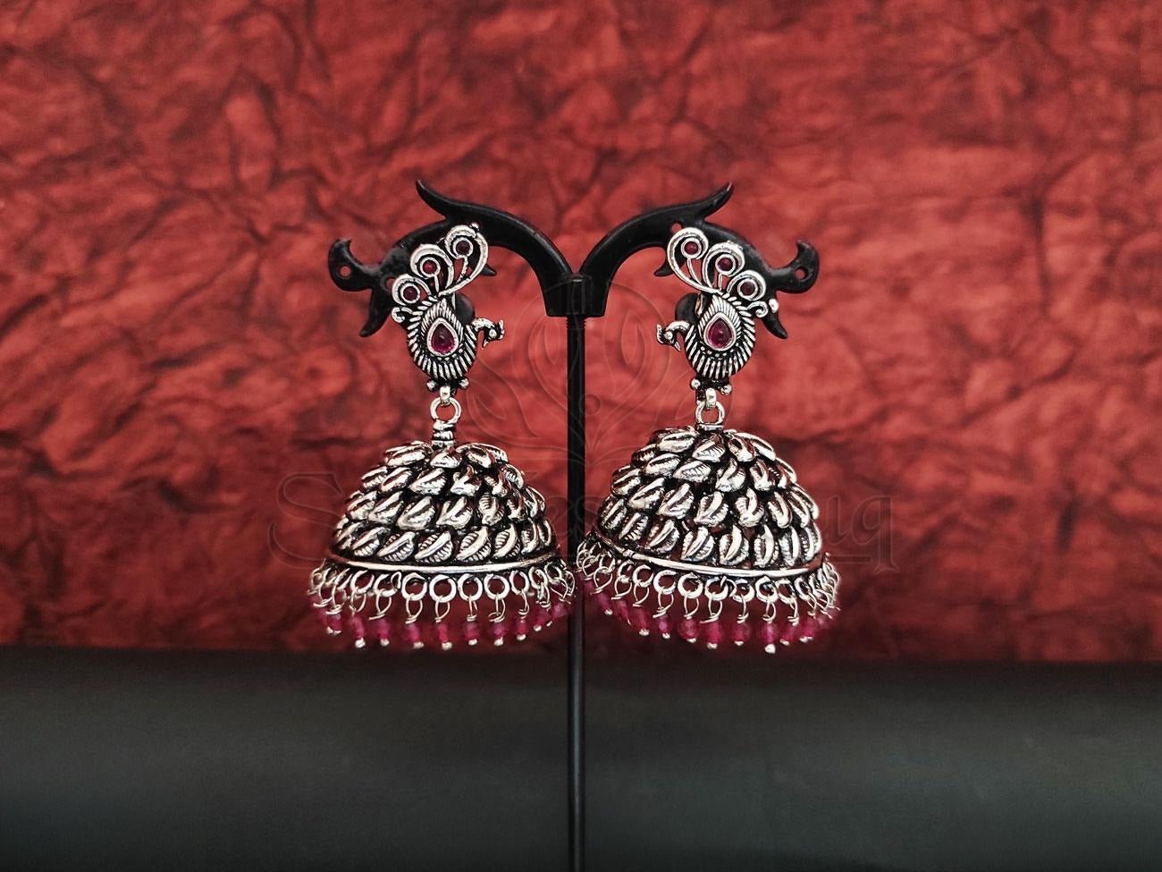 Beaded Oxidised Silver Jhumkas. - swadeshsouq.com