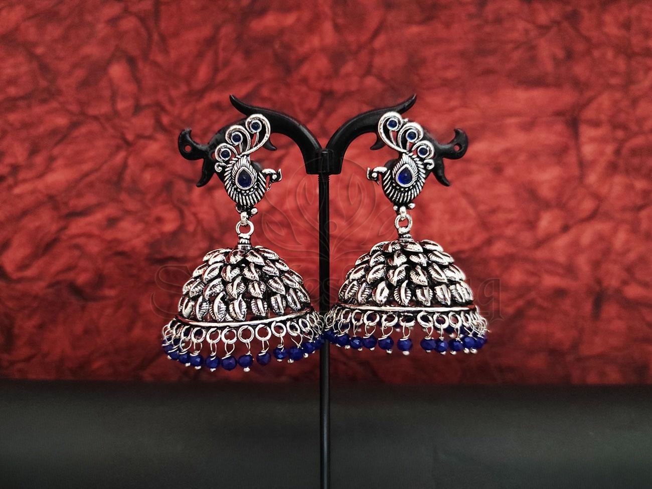 Beaded Oxidised Silver Jhumkas. - swadeshsouq.com