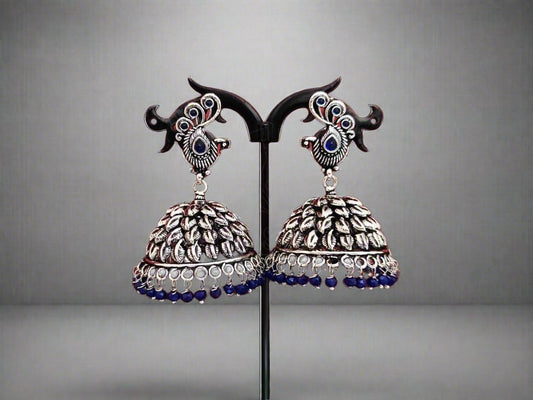 Beaded Oxidised Silver Jhumkas. - swadeshsouq.com