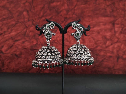 Beaded Oxidised Silver Jhumkas. - swadeshsouq.com