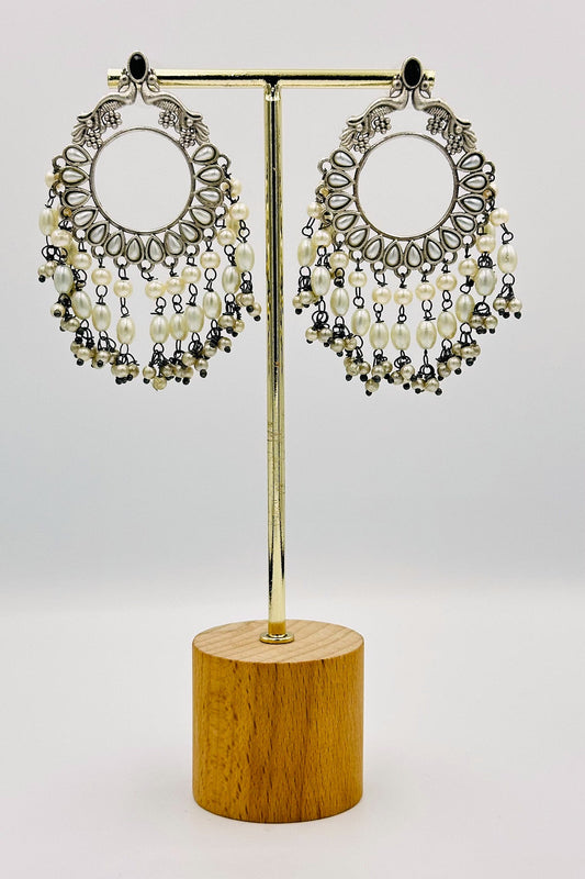 Black Chandbali Earrings with Peacock Design and Pearl Embellishments - swadeshsouq.com