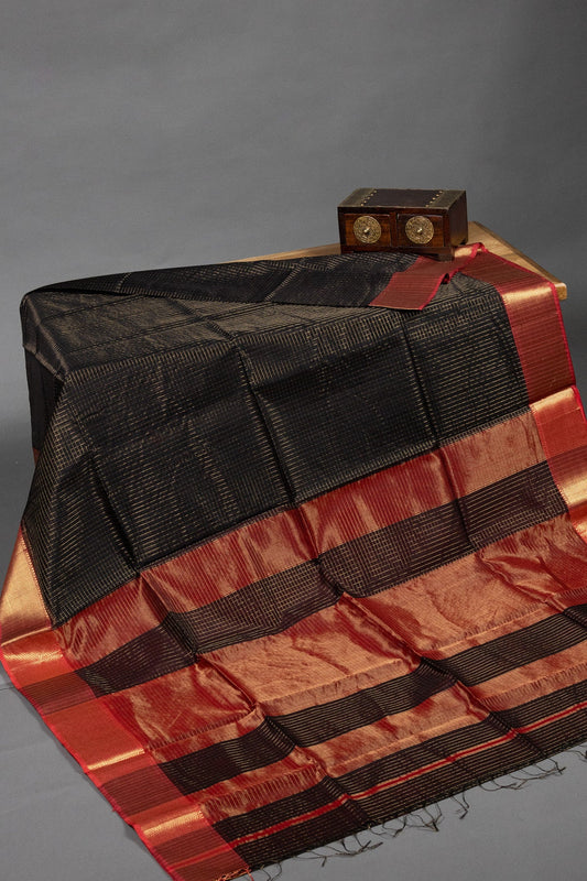 Black & Red Silk-Cotton Zari Checks Saree - swadeshsouq.com