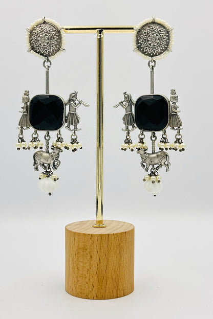 Black Silver Danglers with Artistic Intrigue - swadeshsouq.com