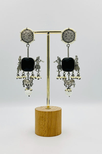 Black Silver Danglers with Artistic Intrigue - swadeshsouq.com