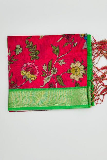 Blossoming Harmony: Bright Pink and Green Dupatta with Floral Digital Print - swadeshsouq.com