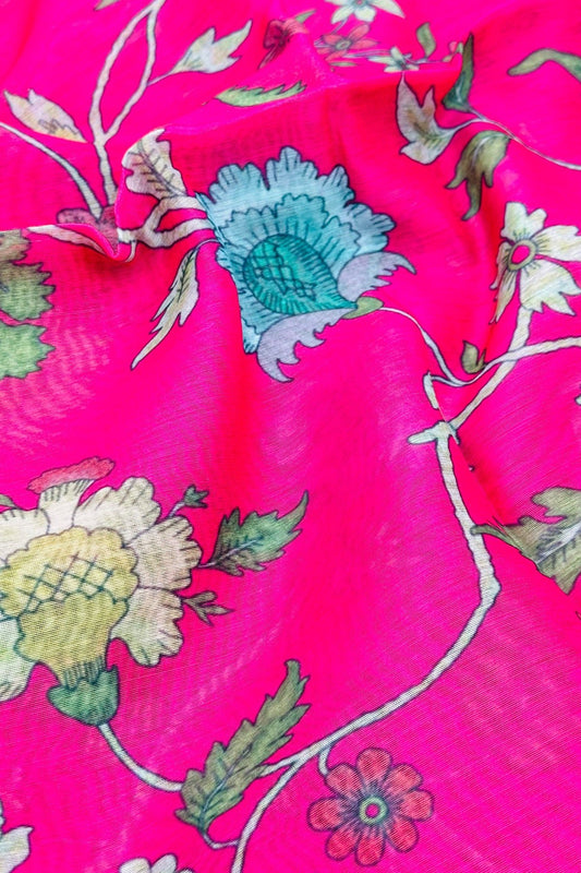 Blossoming Harmony: Bright Pink and Green Dupatta with Floral Digital Print - swadeshsouq.com