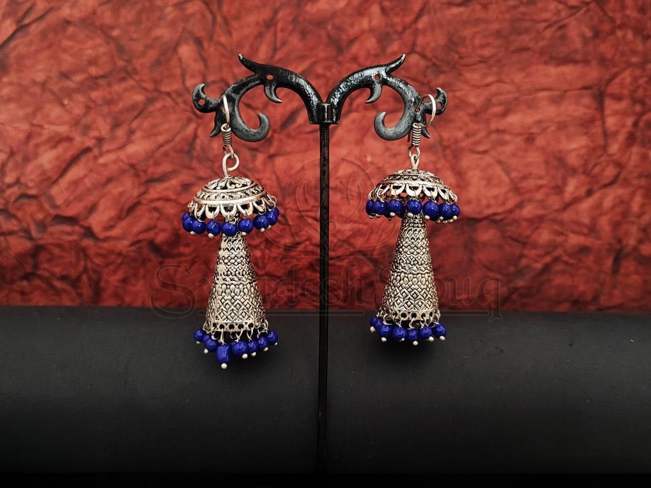 Blue Beaded Hanging Earrings in Oxidised Silver. - swadeshsouq.com