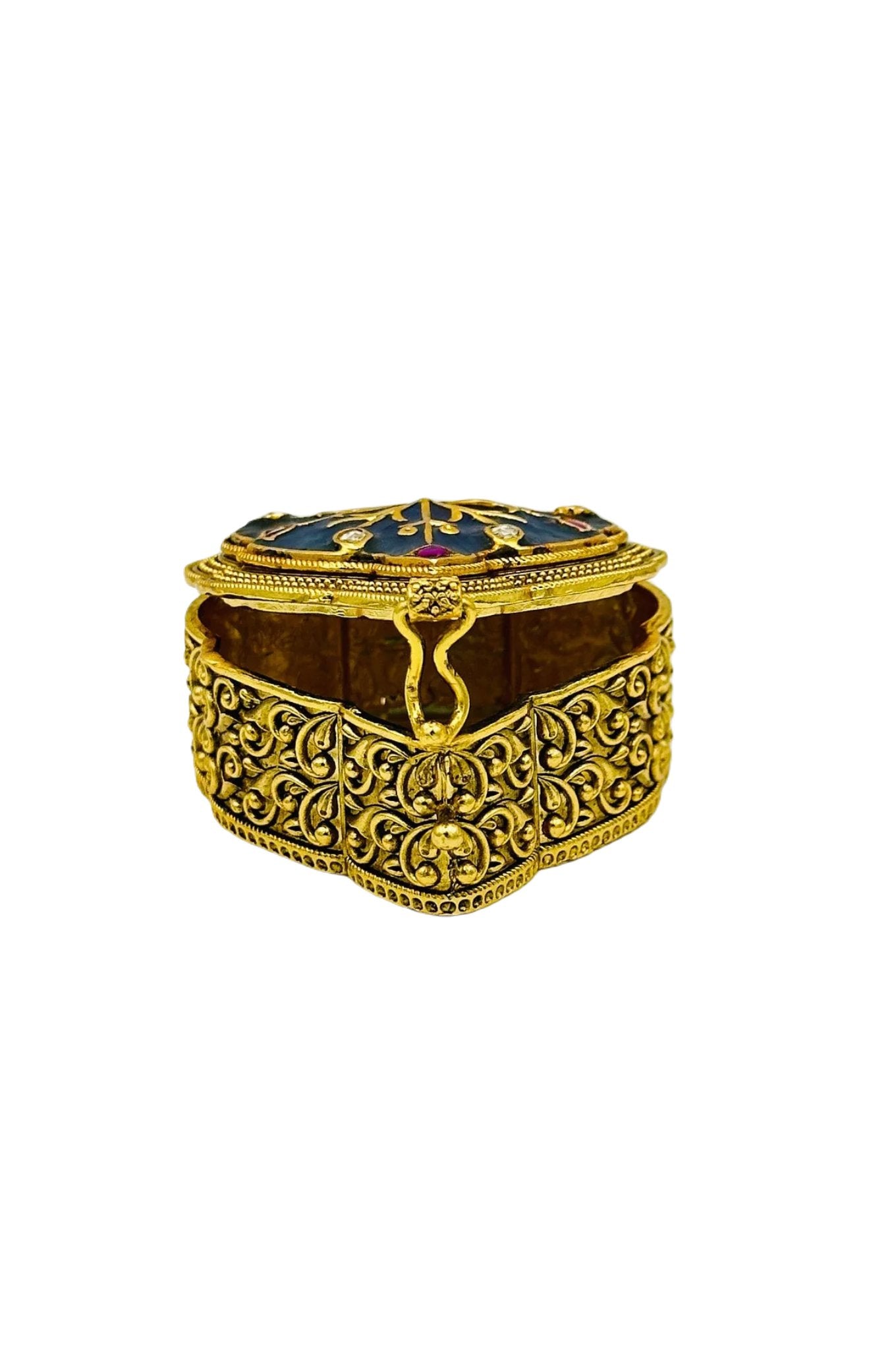 Blue Jadau Kumkum Box with Nagas Craftsmanship and Filigree Delights - swadeshsouq.com