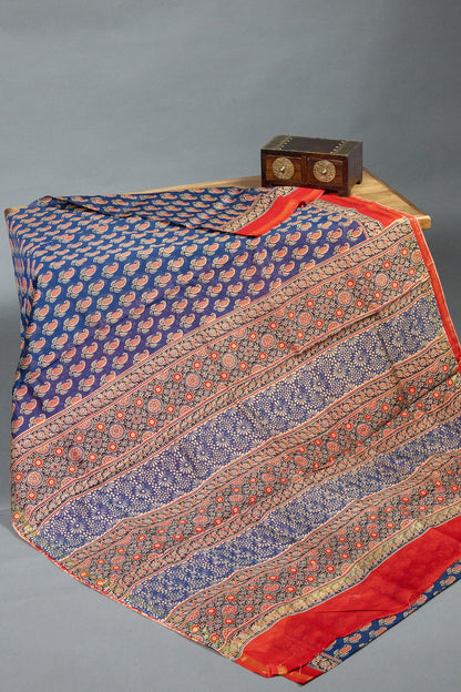 Blue & Red Silk-Cotton Saree with Ajrak Hand-Block Intricate Motifs - swadeshsouq.com