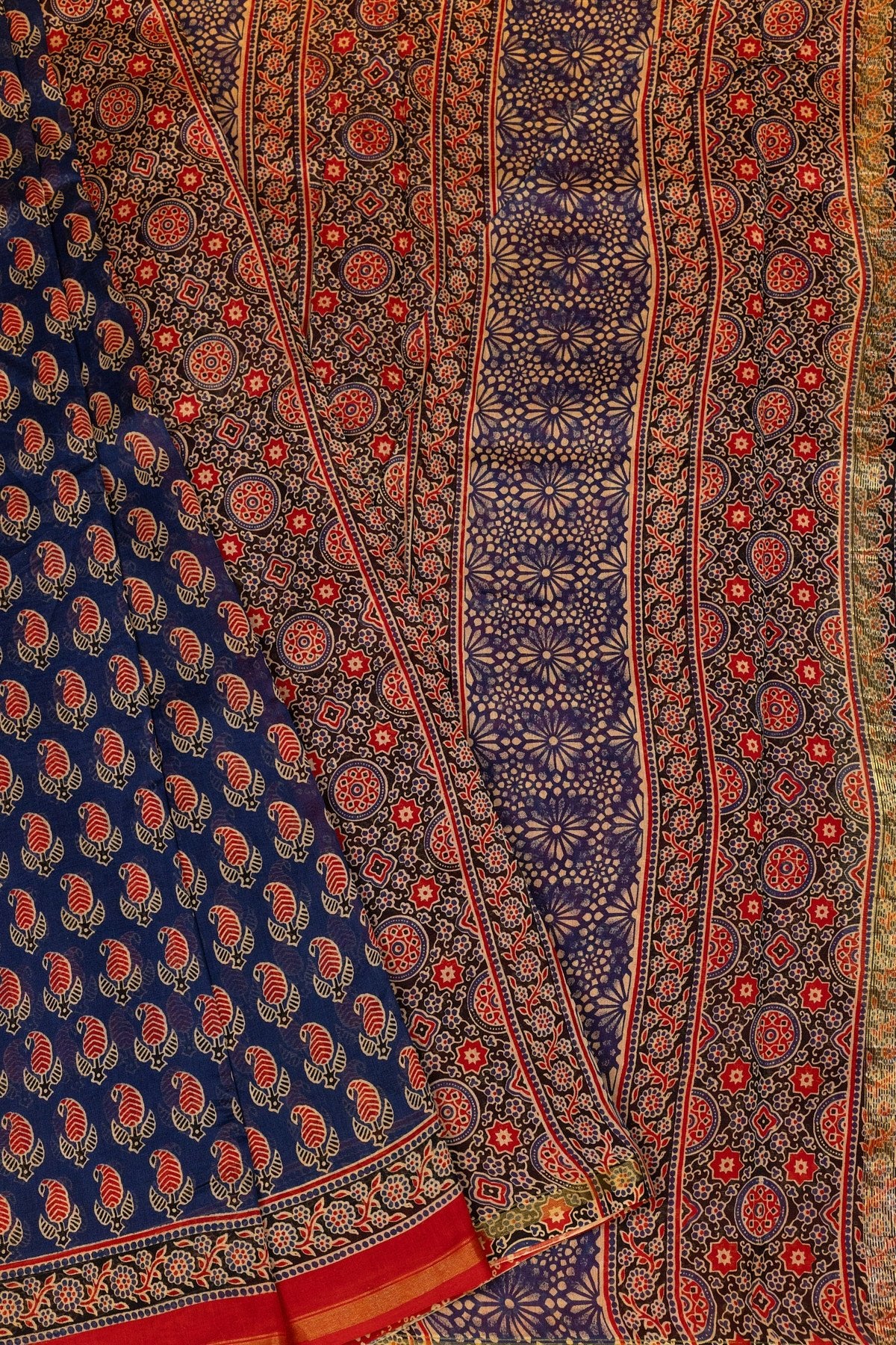 Blue & Red Silk-Cotton Saree with Ajrak Hand-Block Intricate Motifs - swadeshsouq.com