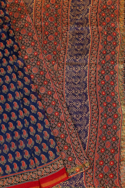 Blue & Red Silk-Cotton Saree with Ajrak Hand-Block Intricate Motifs - swadeshsouq.com