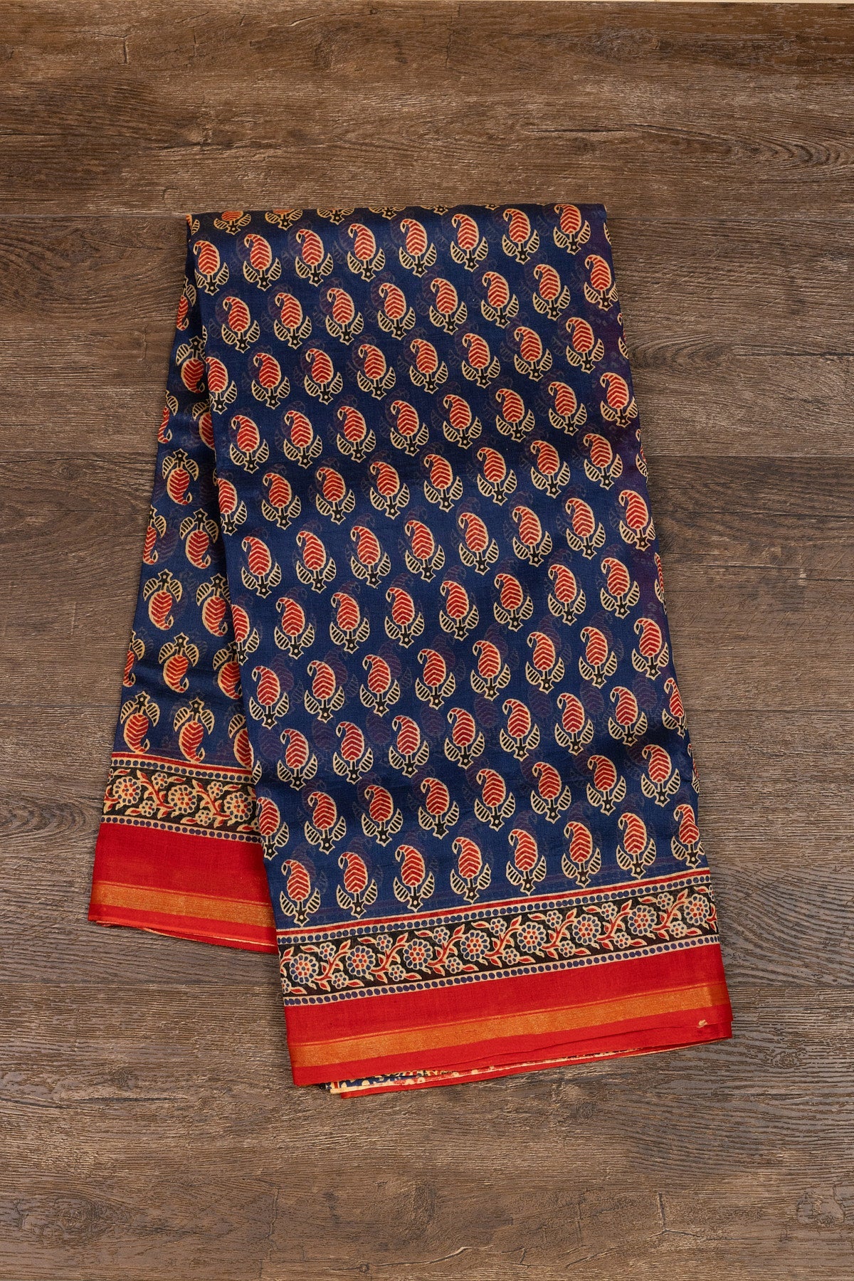 Blue & Red Silk-Cotton Saree with Ajrak Hand-Block Intricate Motifs - swadeshsouq.com