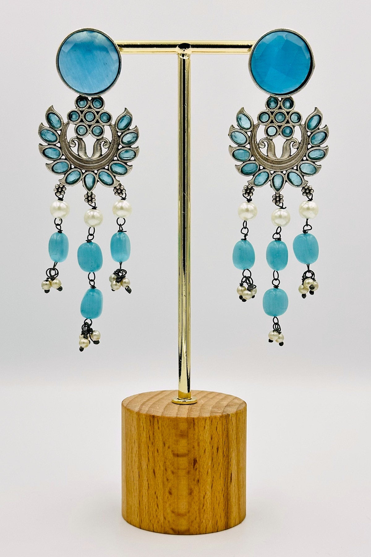 Blue Silver Dangler Earrings with Floral Detailing - swadeshsouq.com