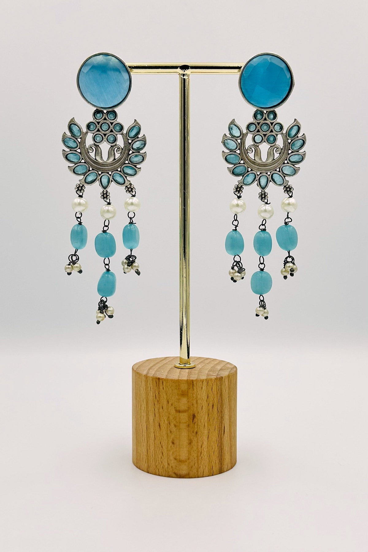 Blue Silver Dangler Earrings with Floral Detailing - swadeshsouq.com