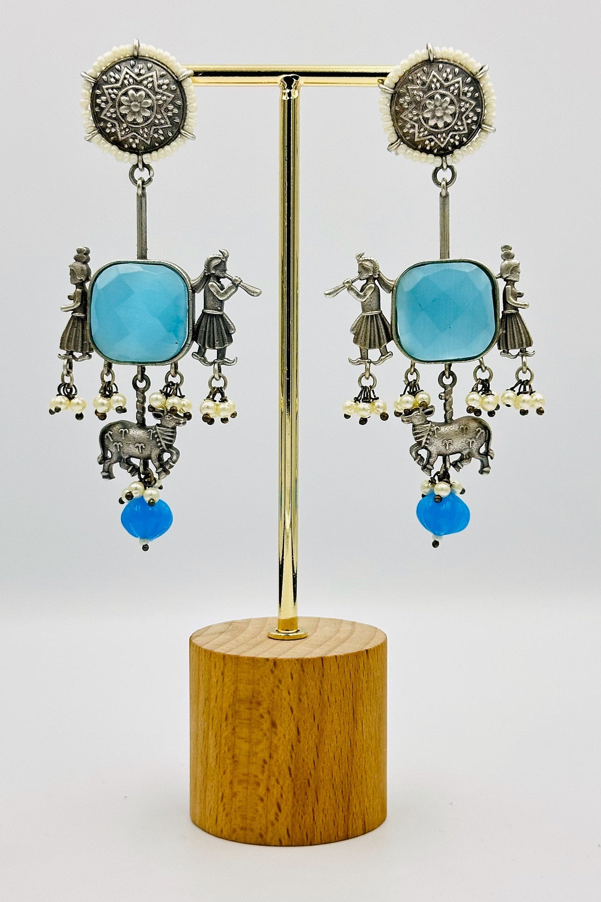 Blue Silver Danglers with Artistic Intrigue - swadeshsouq.com