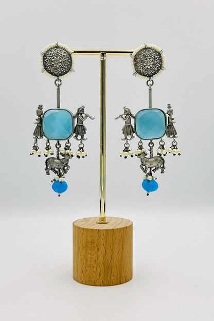 Blue Silver Danglers with Artistic Intrigue - swadeshsouq.com