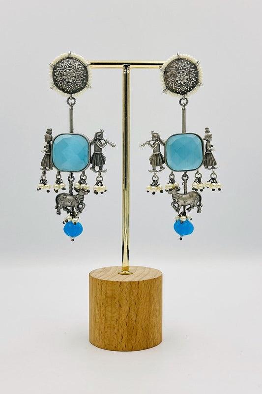 Blue Silver Danglers with Artistic Intrigue - swadeshsouq.com